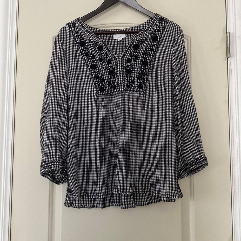 J. Jill Checkered V-Neck Blouse with Flower Embroidery Women’s Size L Petite
